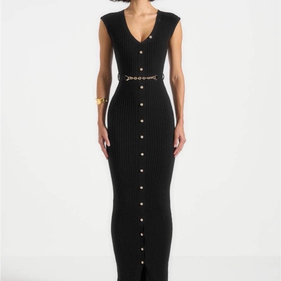 Maniere De Voir Dresses & Skirts - Black Ribbed Button-Front V-Neck Maxi Dress
